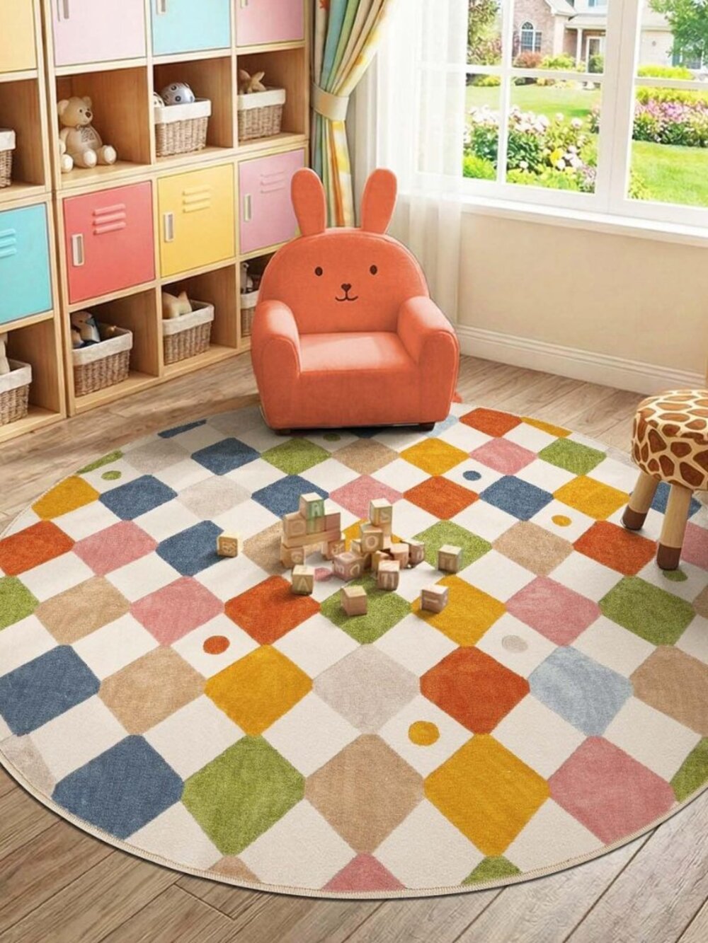 6ft Kids Round Rug Washable Colorful Checkered Classroom Rug